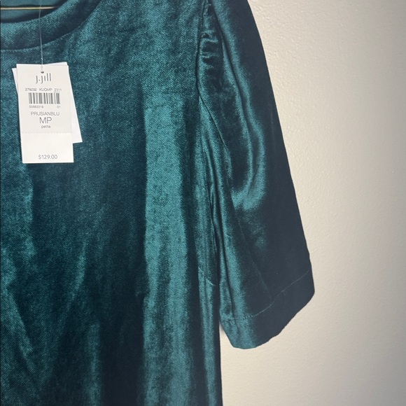 NEW J. Jill Women's Teal Green Velvet Puff Sleeve Shift Dress medium petite $129 - Picture 5 of 10